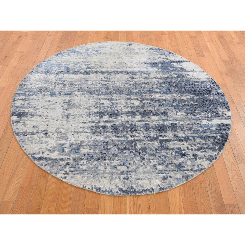 Sky Blue Broken Mosaic Design Wool and Silk Hand Knotted Round Rug 6' x 6'