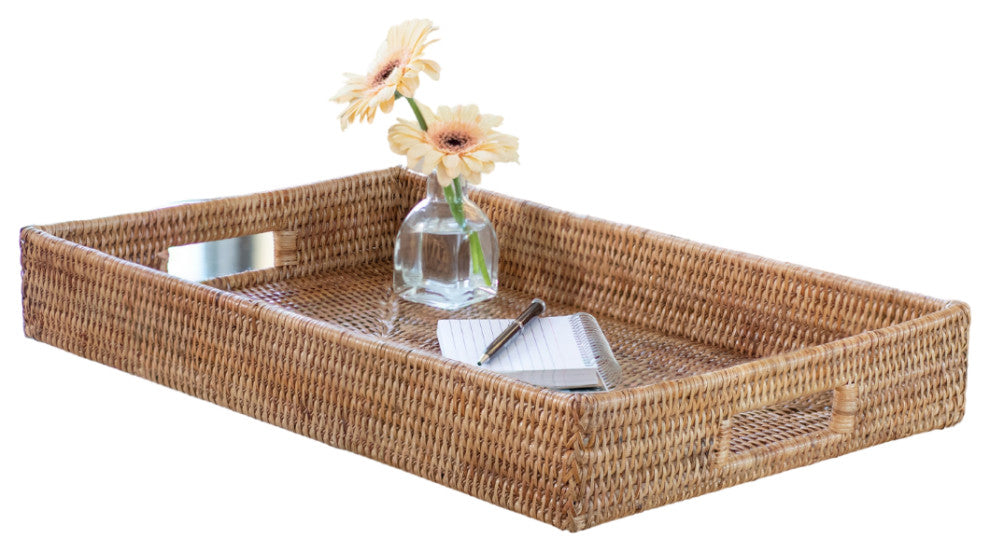 Artifacts Rattan Rectangular Tray With Cutout Handles, Honey Brown