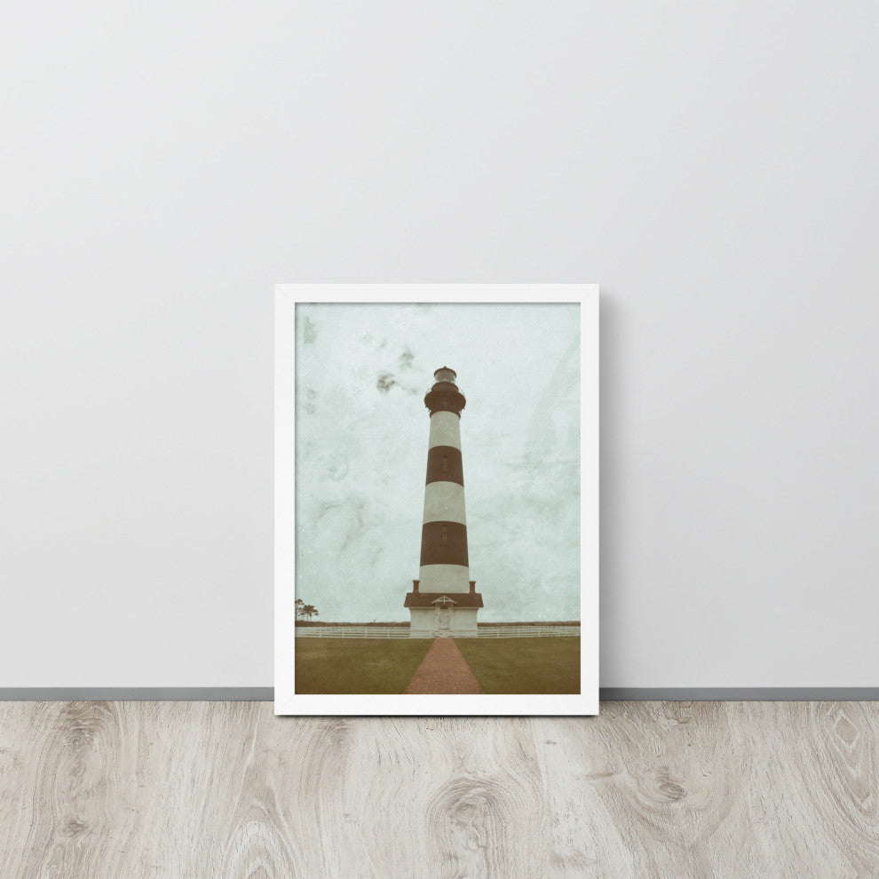 Aged Bodie Lighthouse Landscape Framed Photo Paper Wall Art Prints, White, 12" X 16"