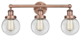 Small Edison Beacon 3-Light 25" Vanity Light, Antique Copper Finish, Clear Shade