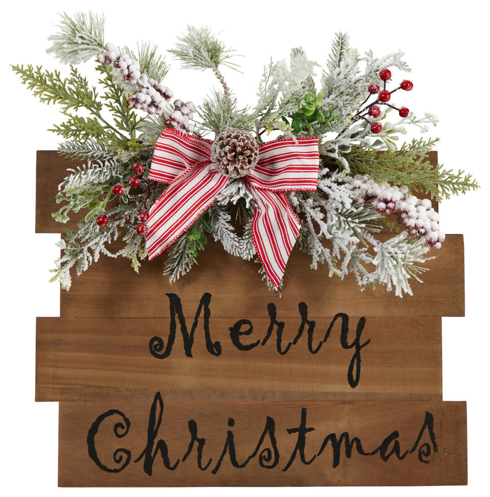 20" Holiday Merry Christmas Door Wall Hanger With Pine and Berries Stripped Bow