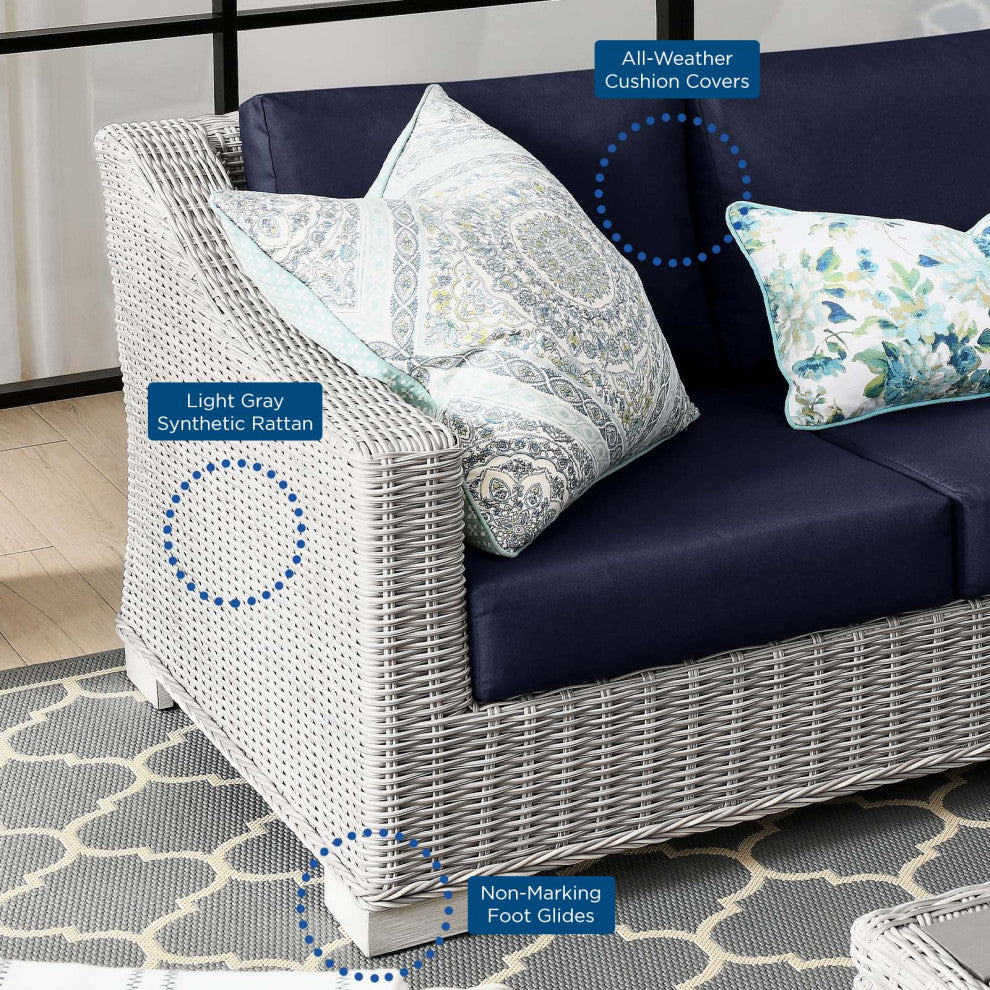 Lounge Sectional Sofa Chair Set, Rattan, Wicker, Gray Blue Navy, Outdoor