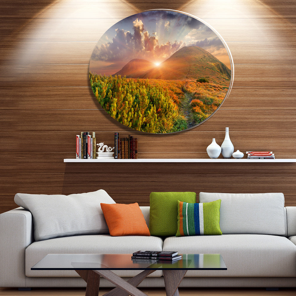 Colorful Fall Landscape In Mountains, Landscape Disc Metal Artwork, 23"