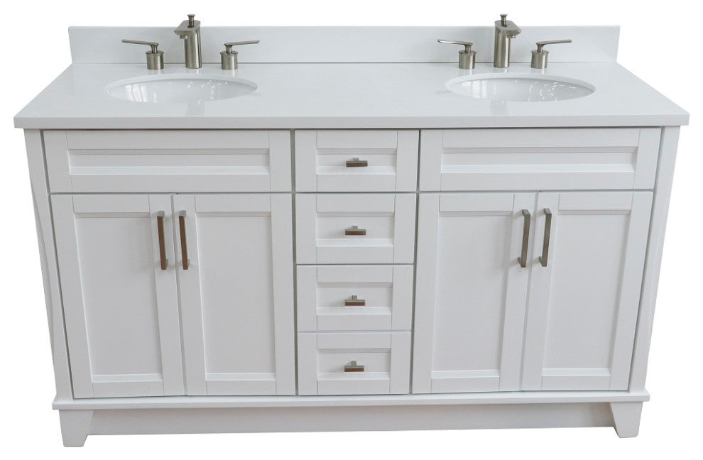 61" Double Sink Vanity, White Finish And Engineered Stone Top And Oval Sink