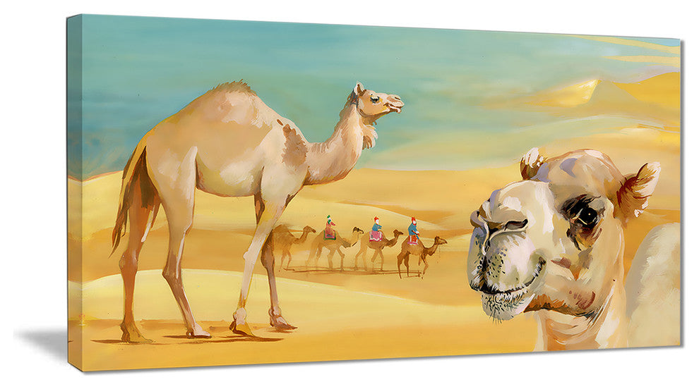 "Wandering Camels in Desert" Watercolor Animal Canvas Print, 32"x16"