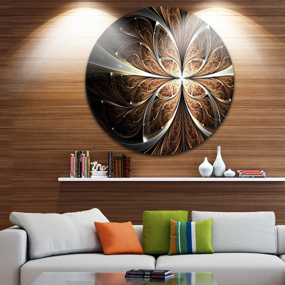 Fractal Flower Brown Black Digital Art, Floral Round Metal Artwork, 11"