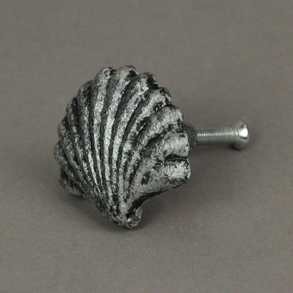 Set of 6 Silver Cast Iron Scallop Sea Shell Drawer Pulls Nautical Cabinet Knobs
