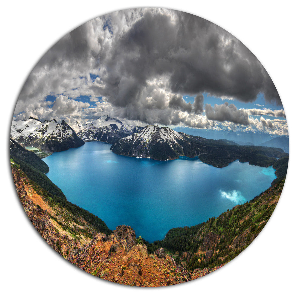Lake Surrounded By Mountains, Landscape Art Disc Metal Wall Art, 11"
