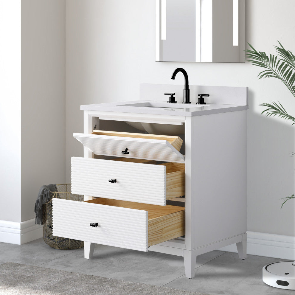 Vanity Art Bathroom Vanity with Engineered Marble Top and Sink, White, 30", Matte Black