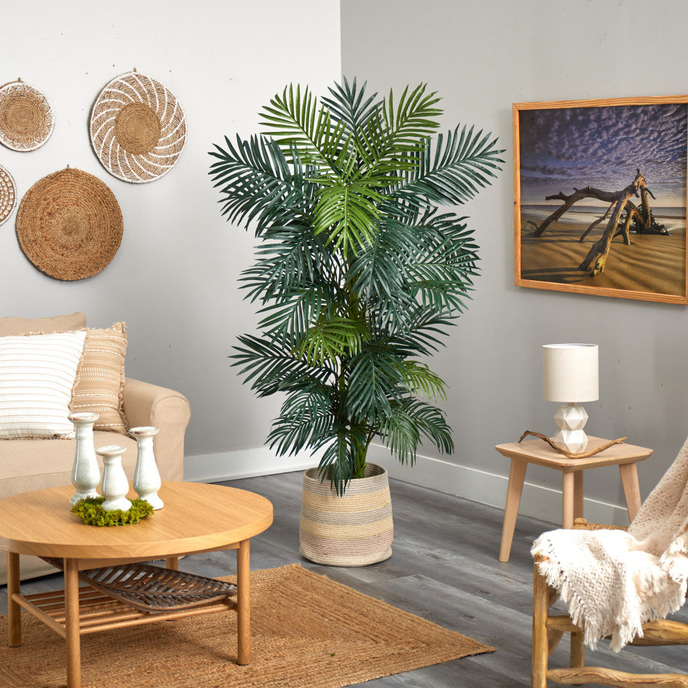 6.5' Golden Cane Faux Palm Tree, Handmade Cotton Multicolor Woven Planter