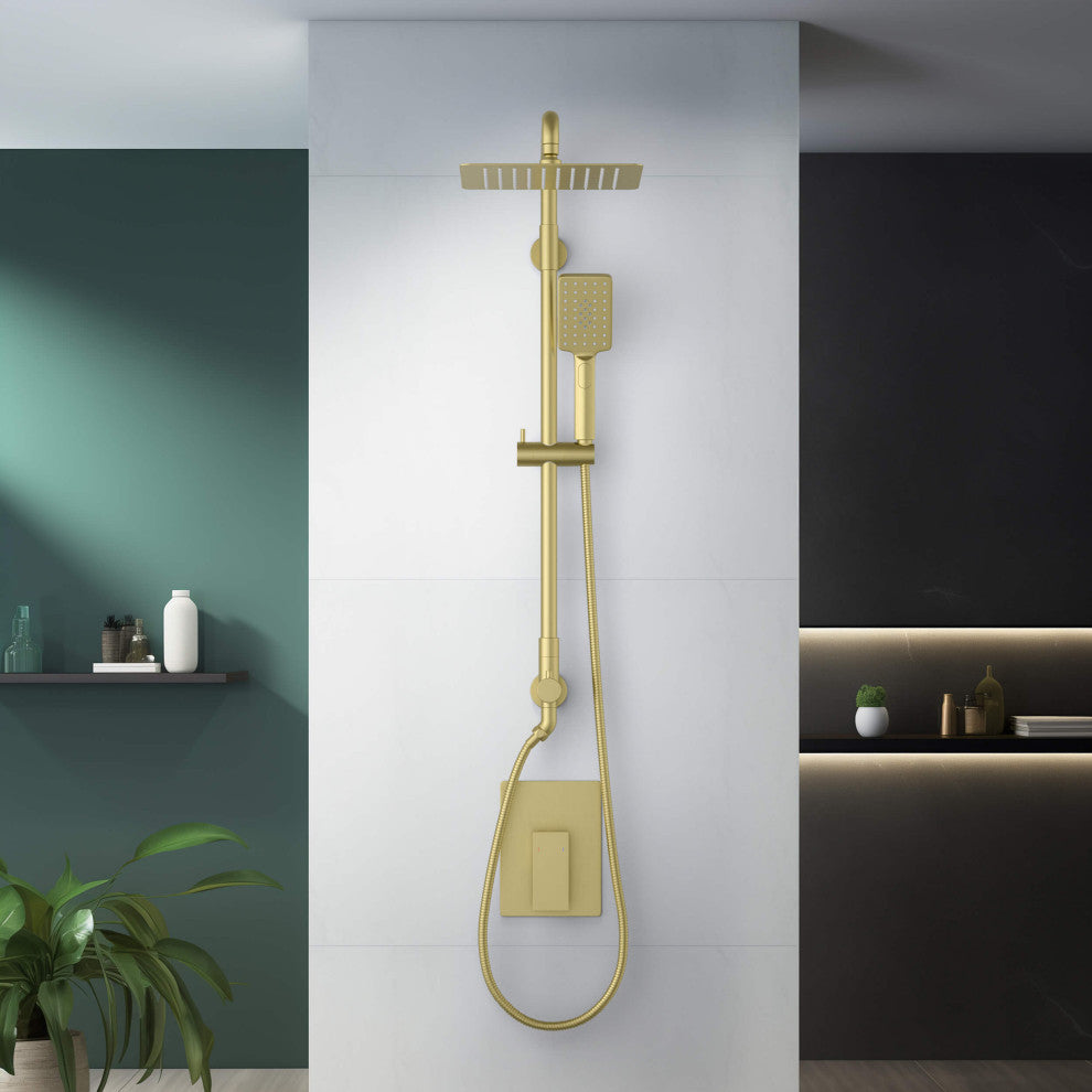 Cube 2-Function Shower Column, Rough, Valve, Brushed Gold