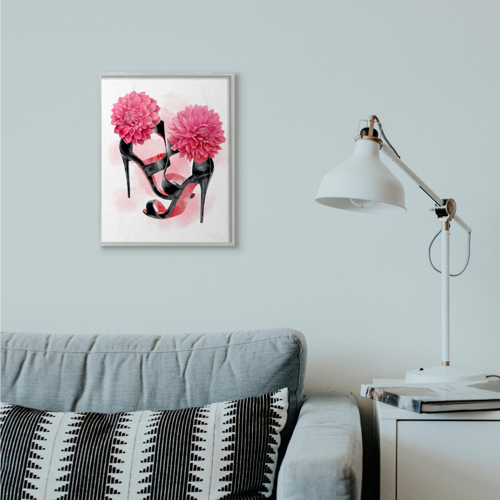 Pink High Heel Glam Fashion Flower Painting, 16"x20", Gray Frame
