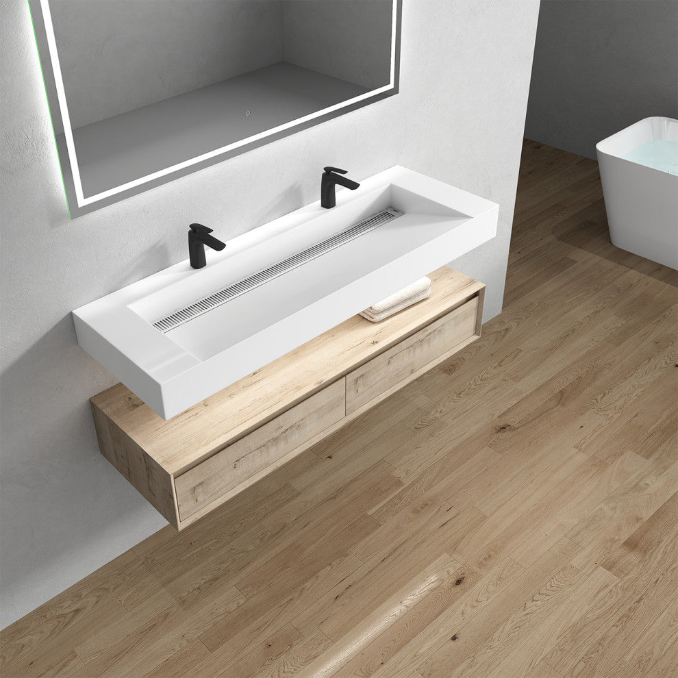 Alysa 60" Floating Bath Vanity, Acrylic Sink/Double Faucet Hole, Light Oak