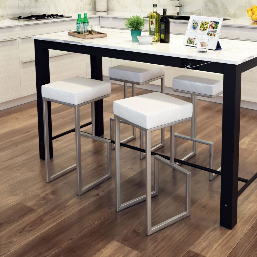 Bar Stool Chair Barstool, Set of 2, Faux Vinyl Leather, Steel, White, Silver