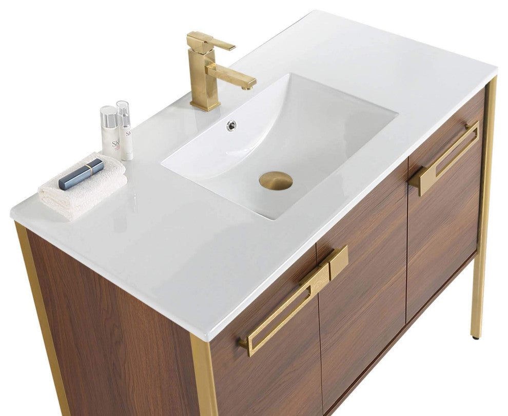 Oakville Bath Vanity, Ceramic Sink, Walnut Ebony, 42 Inch, Satin Brass Hardware