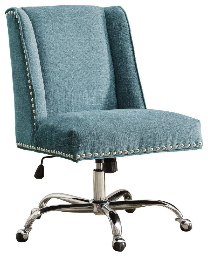 Unique Office Chair, Cushioned Seat & Nailhead Trim Accents, Aqua Fabric