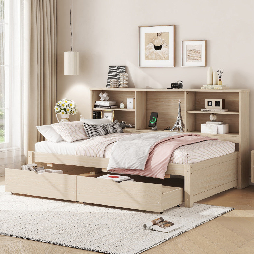 Gewnee Twin Size Bed Frame With Side Bookshelves