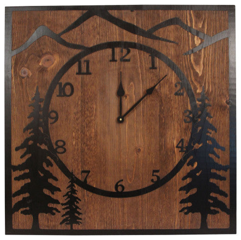Black Iron and Stained Wood Wall Clock With Etched Tree Scene