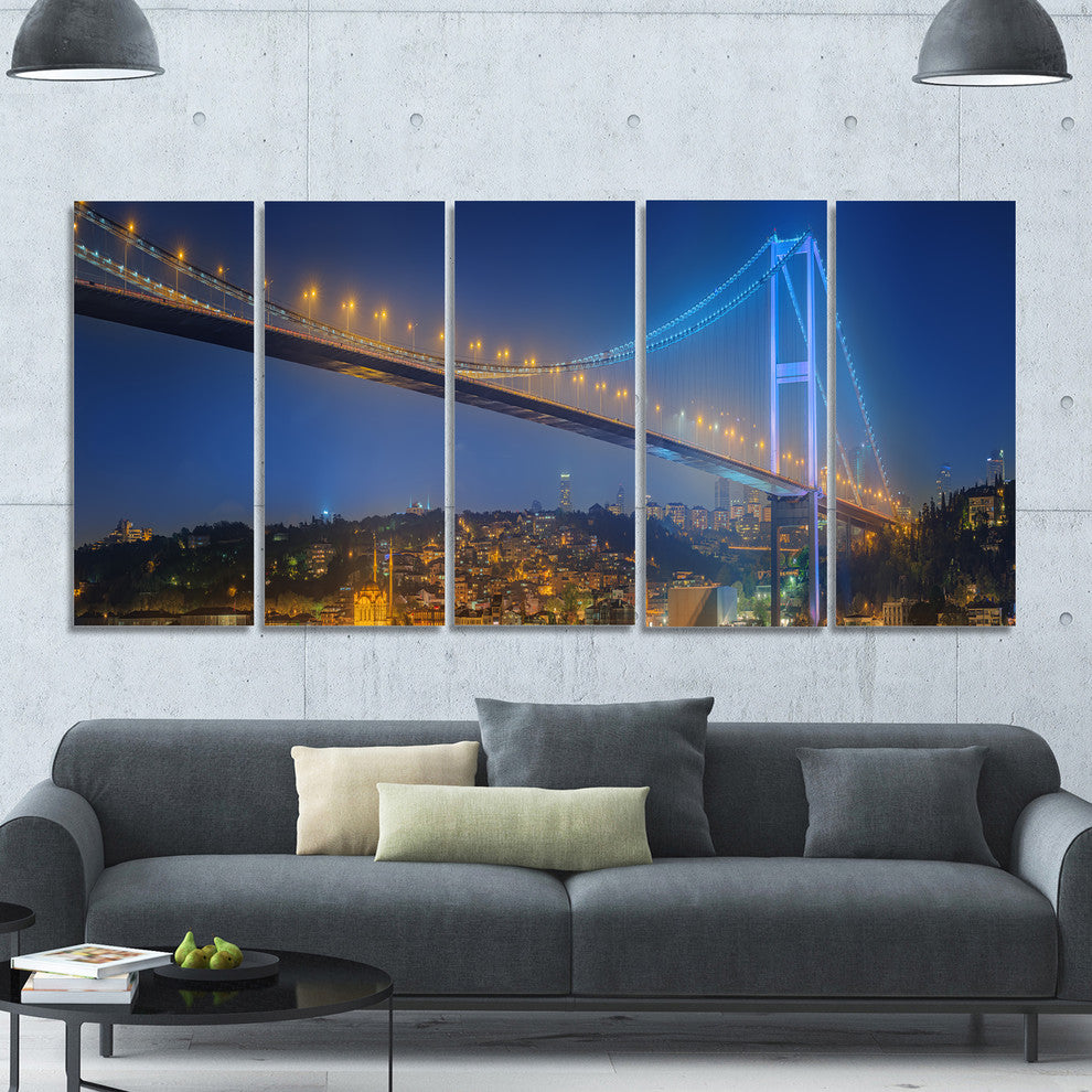 Bosphorus Bridge at Night Istanbul, Landscape Canvas Print, 60"x28", 5 Panels