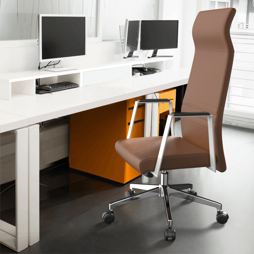 LeisureMod Aleen High-Back Leather Office Chair With Swivel and Tilt, Dark Brown