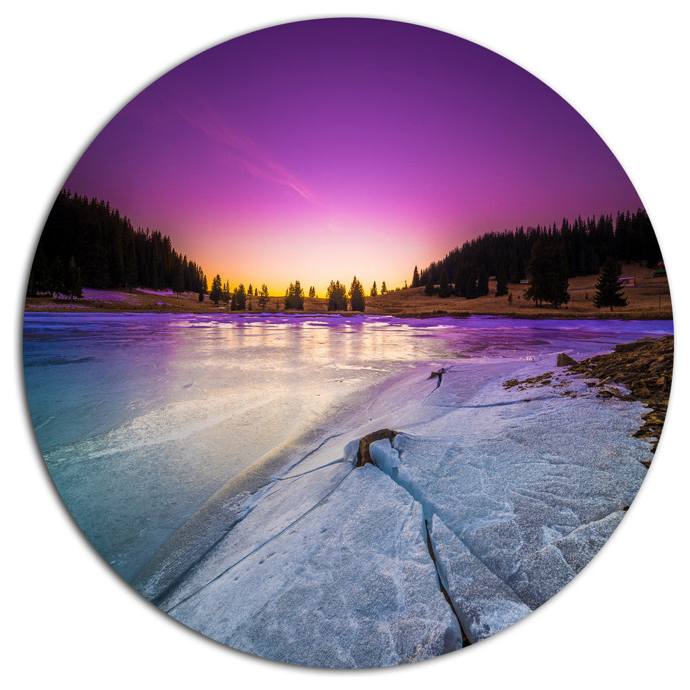 Sunrise Over Frozen Lake, Landscape Disc Metal Artwork, 23"