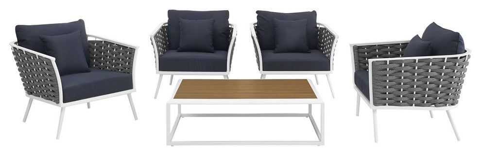 Stance 5 Piece Outdoor Patio Aluminum Sectional Sofa Set, White Navy