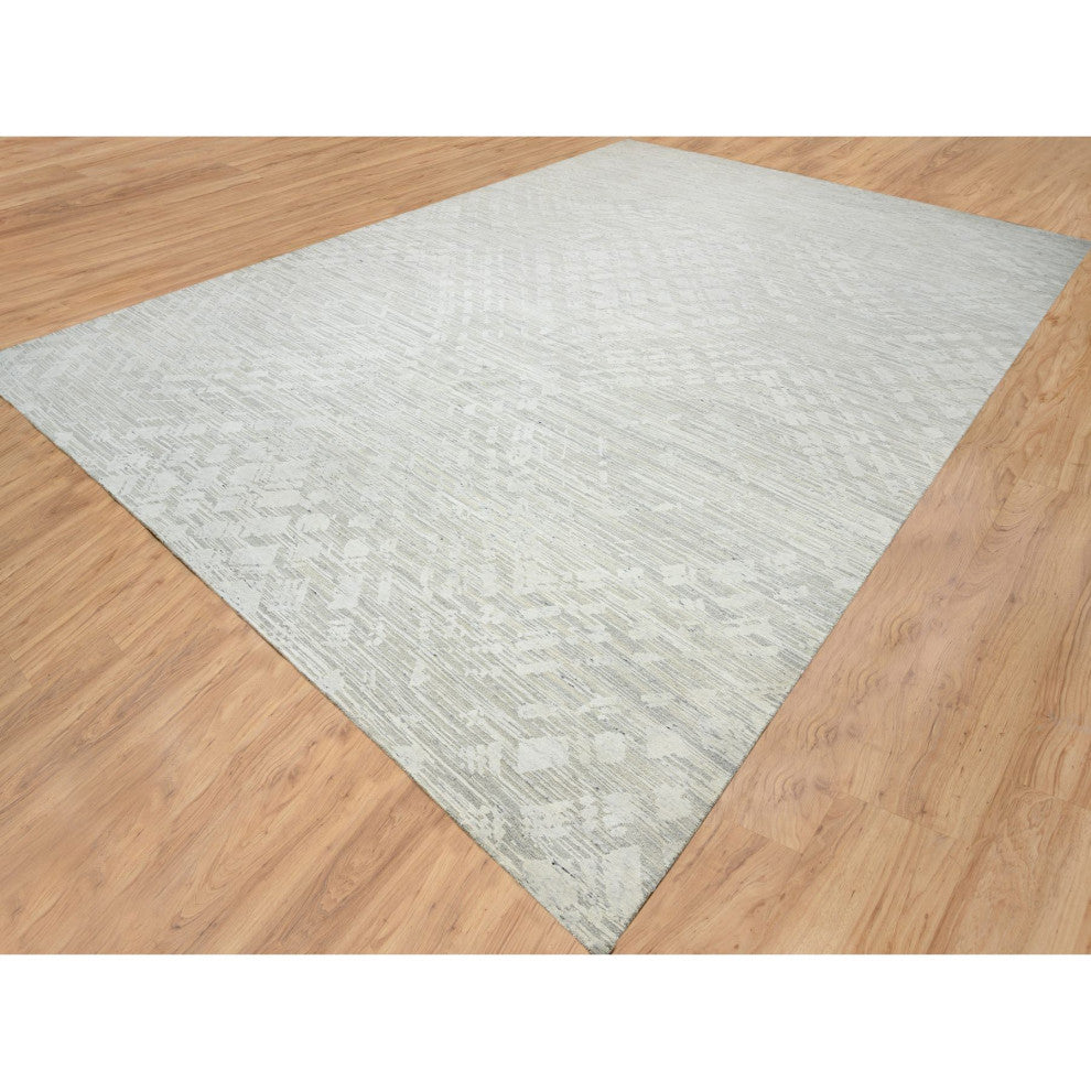 Light Gray Natural Wool Hand Knotted Modern Design Oversized Rug, 14'0"x19'9"