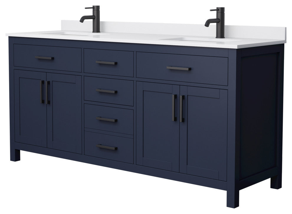 72"DBL Vanity Dark Blue, White Cult. Marble Countertop, Sinks, Black Trim