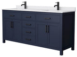 72"DBL Vanity Dark Blue, White Cult. Marble Countertop, Sinks, Black Trim