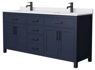 72"DBL Vanity Dark Blue, White Cult. Marble Countertop, Sinks, Black Trim
