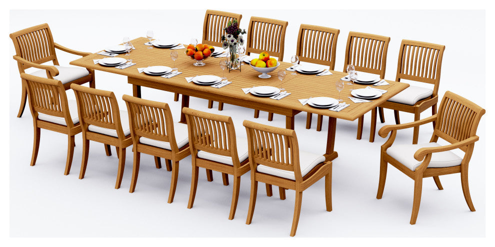 13-Piece Outdoor Teak Dining Set: 117" Masc Rectangle Extn Table, 12 Arbor Chair