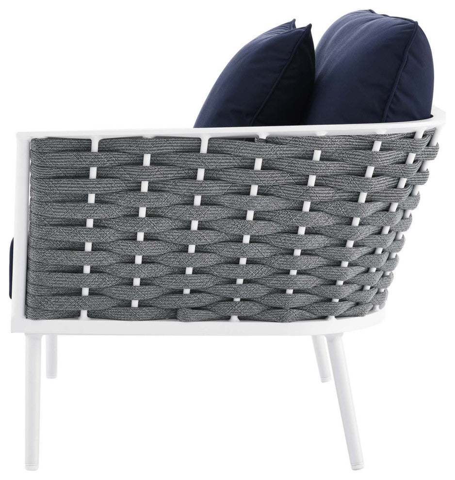 Lounge Sectional Sofa Chair Table Set, Navy White, Aluminum, Modern, Outdoor
