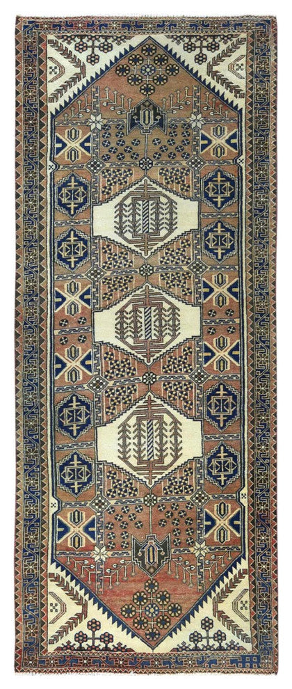 Mocha Brown Vintage Persian Heriz Hand Knotted Pure Wool Runner Rug, 4'0"x10'0"