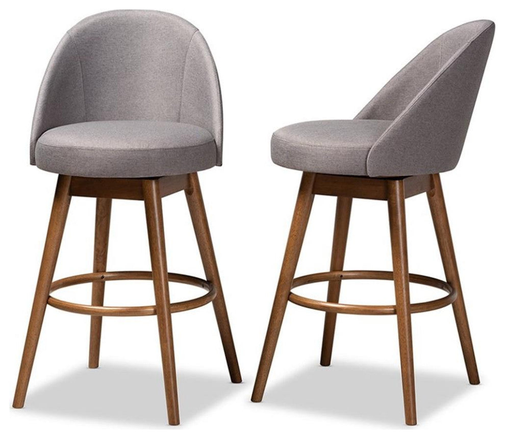 Bowery Hill Mid-Century Gray Upholstered Swivel Bar Stool in Walnut  (Set of 2)
