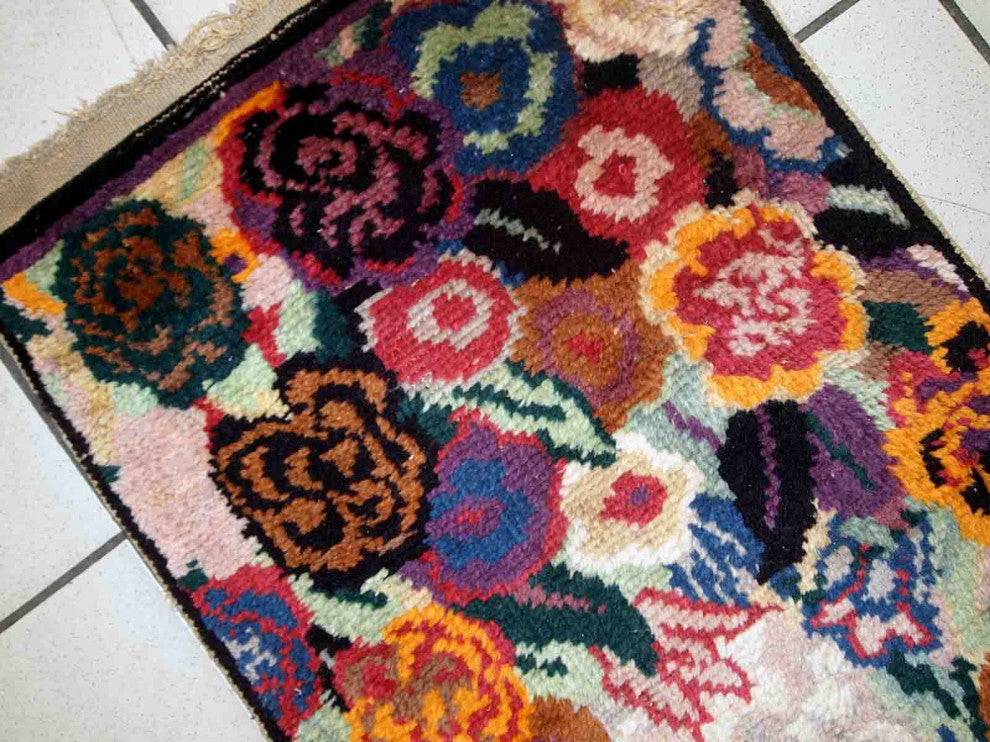 Handmade Antique French Art Deco Rug, 1.6'x3.8', 50cmx116cm 1920s
