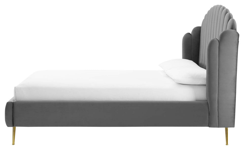 Platform Bed Frame, Queen Size, Velvet, Gray, Modern Contemporary, Bedroom