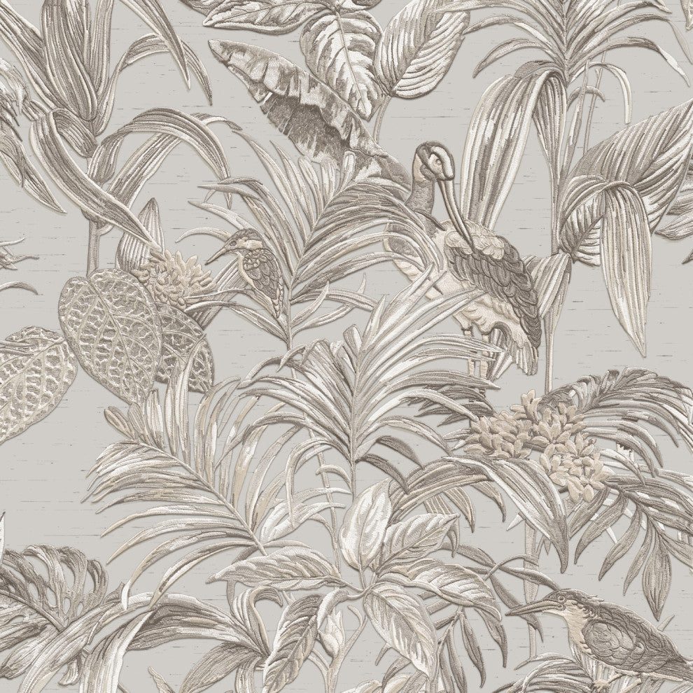 Textured Wallpaper, Birds Plants, Gray Silver White, 1 Roll