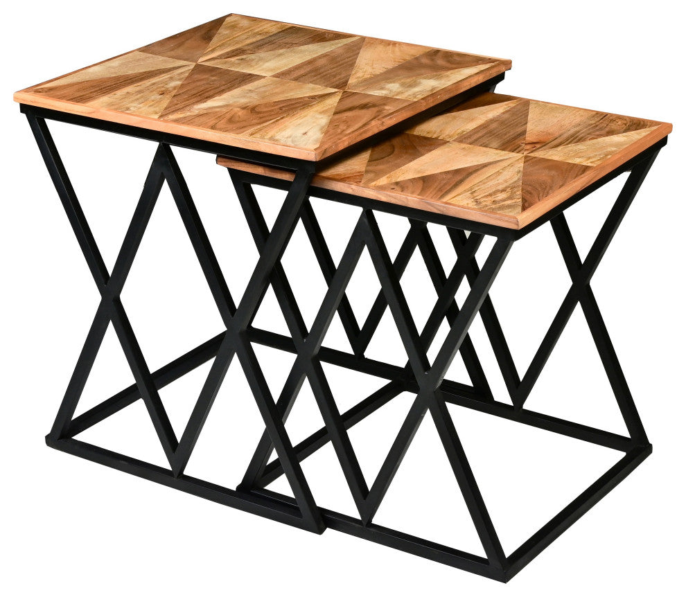 Benzara UPT-271298 2 Piece Nesting End Table Set, Wood Top, Brown and Black
