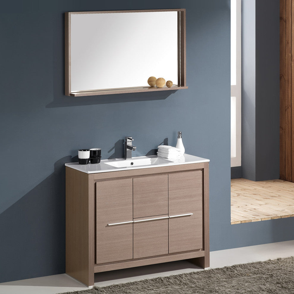 Fresca Allier 40" Modern Bathroom Vanity With Mirror, Gray Oak, Faucet-Fft1041bn