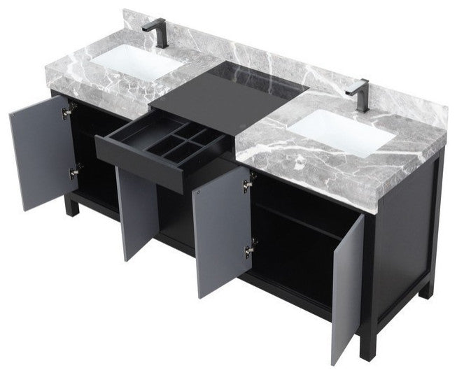 Zilara 72" Black and Grey Double Vanity, Balzani Gun Metal Faucet Set