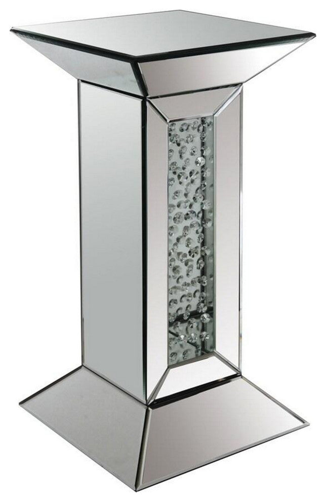 Benzara Modern End Table, Square Mirror Top, Faux Crystals Inlay, Silver