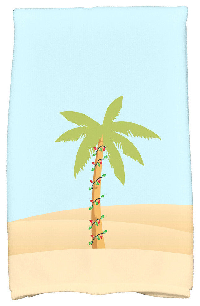 Palm Tree With Christmas Lights Holiday Print Kitchen Towel, Light Blue