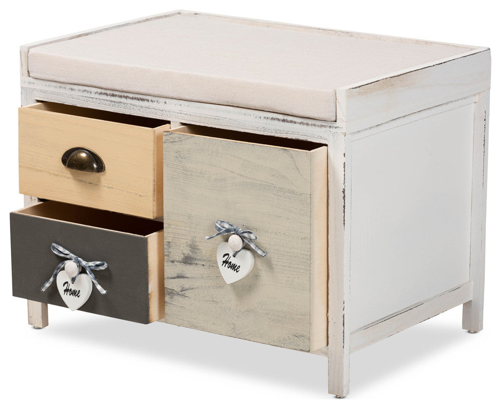 Sophie Transitional Beige Fabric and Wood 3-Drawer Storage Bench