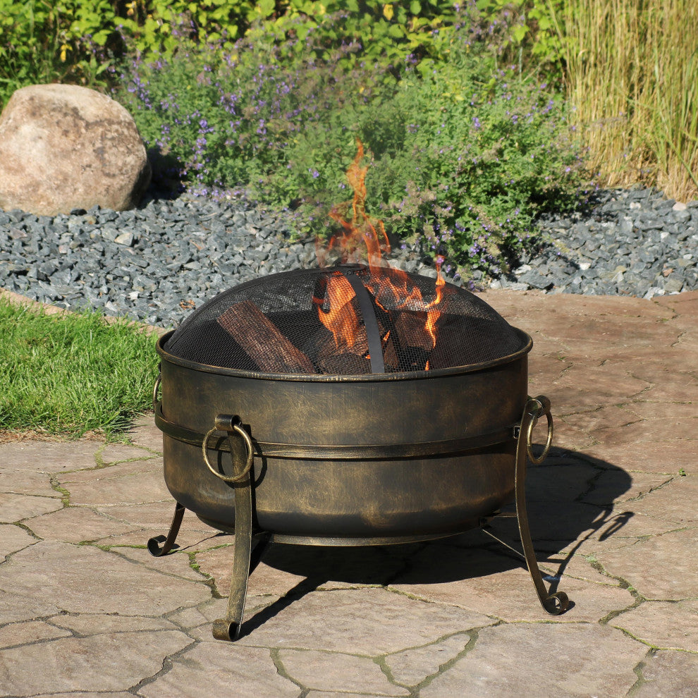 Sunnydaze Black Steel Outdoor Cauldron Fire Pit With Spark Screen, 24"