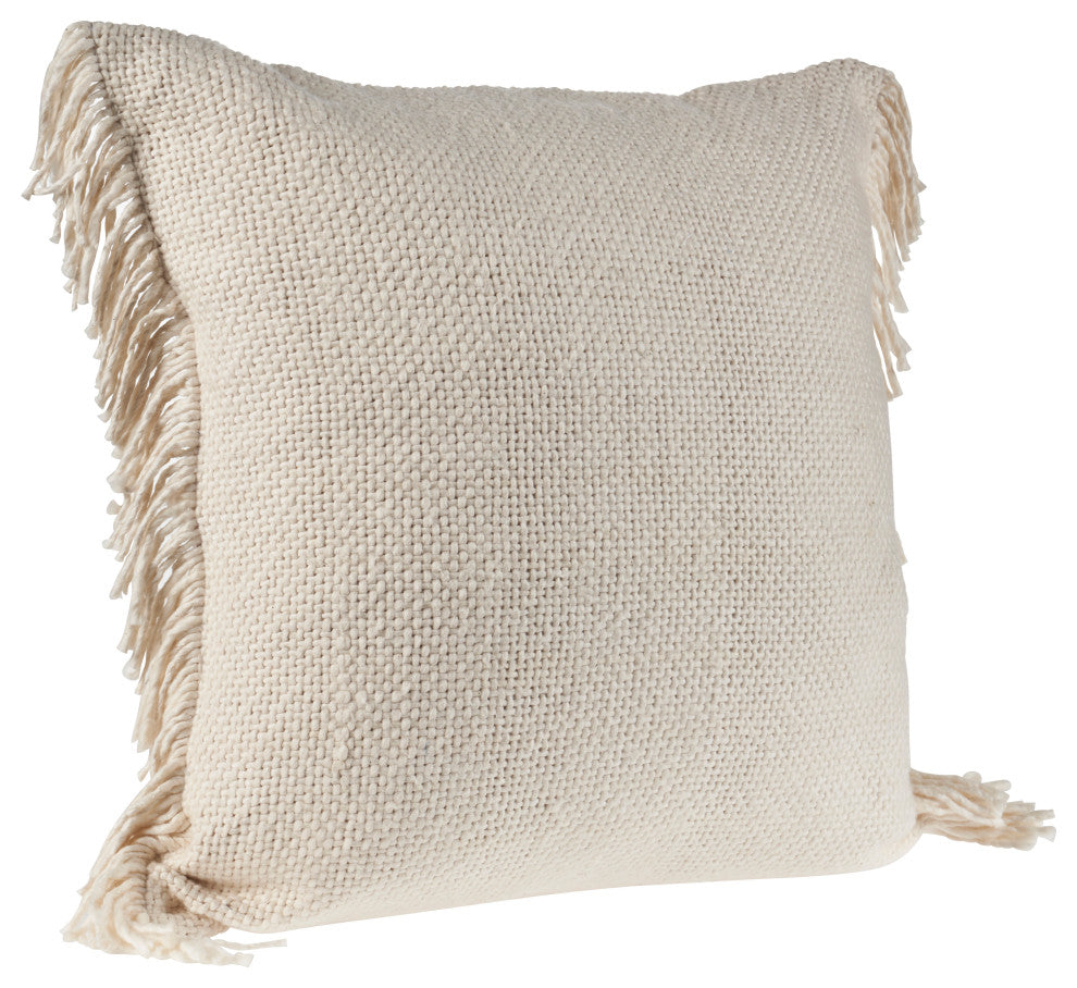 Solid Ivory Woven Throw Pillow with Fringe