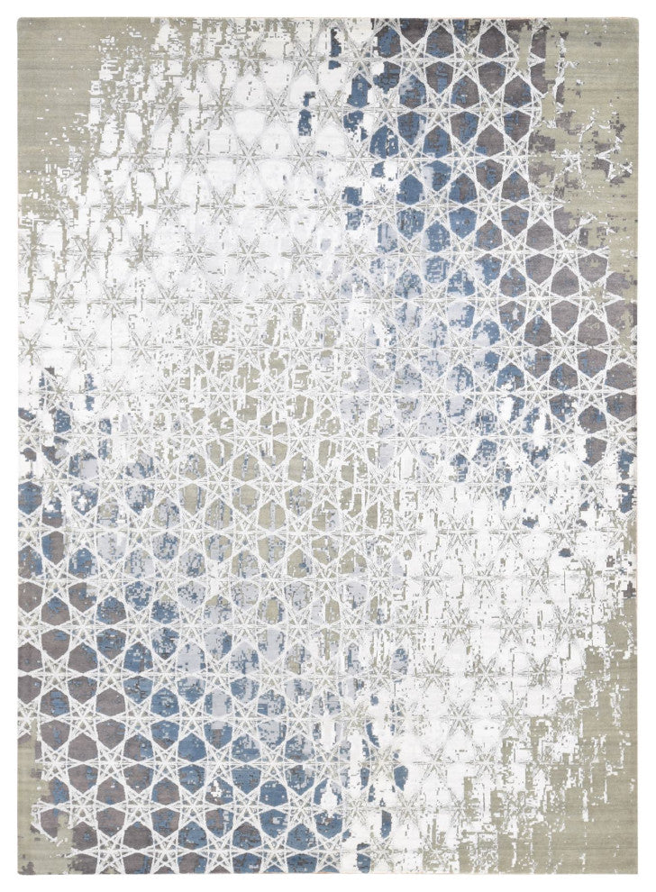 Gray, THE HONEYCOMB Design, Hand Knotted Wool and Silk Rug, 10'x14'1"