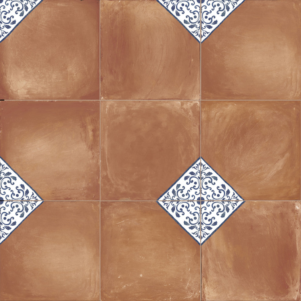 Sentier des Ocres Deco Blue Porcelain Floor and Wall Tile, Deco