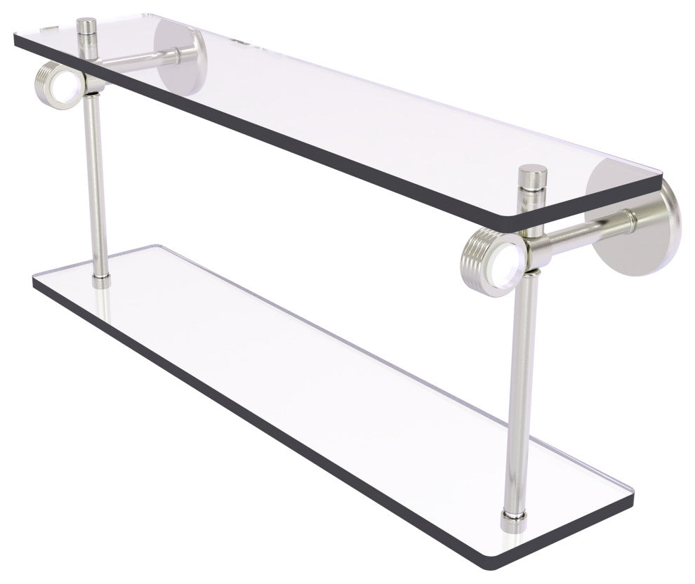 Clearview 22" Two Tiered Glass Shelf with Groovy Accents, Satin Nickel