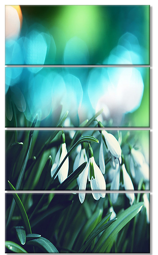 Little White Flowers on Green, Landscape Wall Art on Canvas, 28"x48", 4 Panels