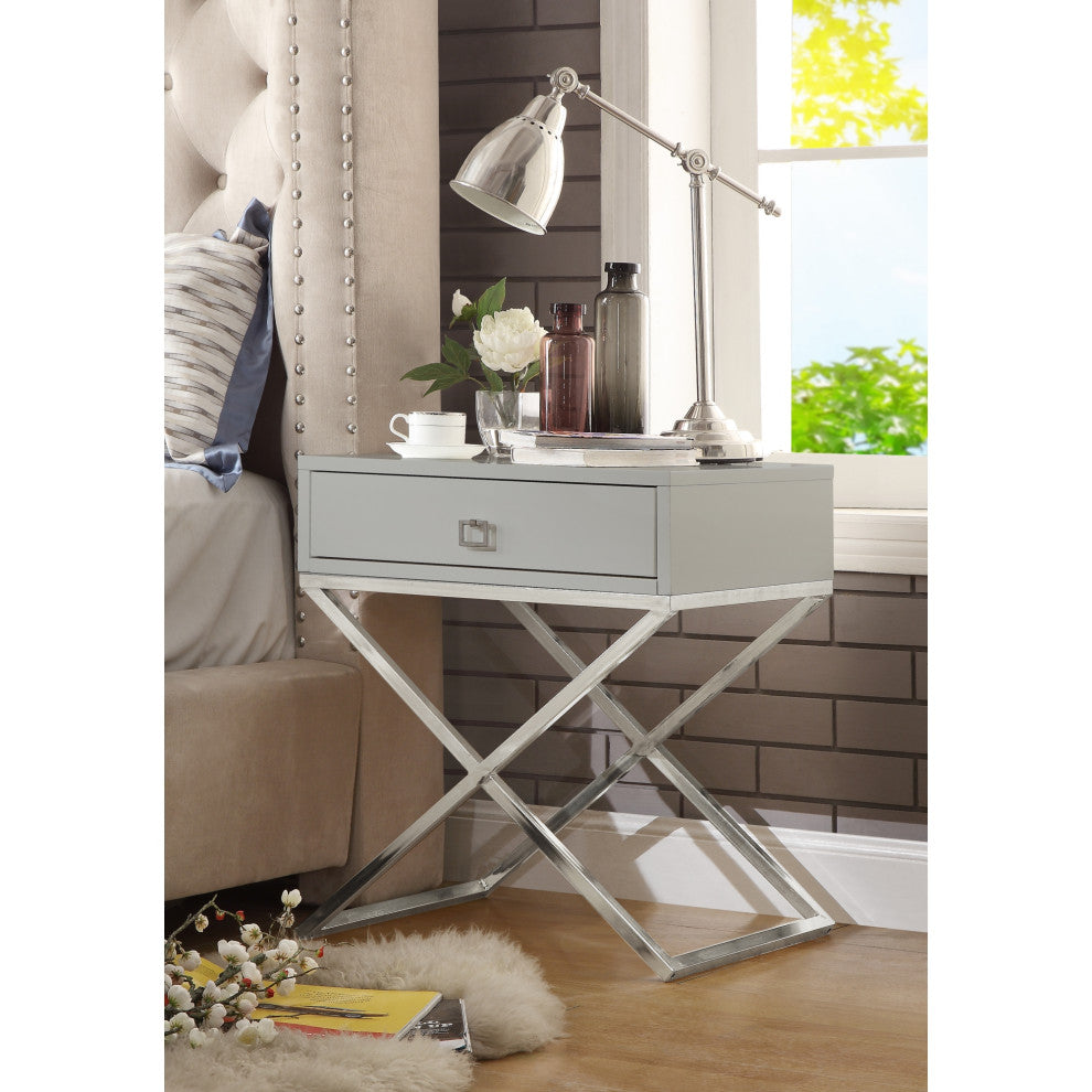 Katie Square Lacquer-Finish X-Metal Leg Nightstand, Light Grey Chrome